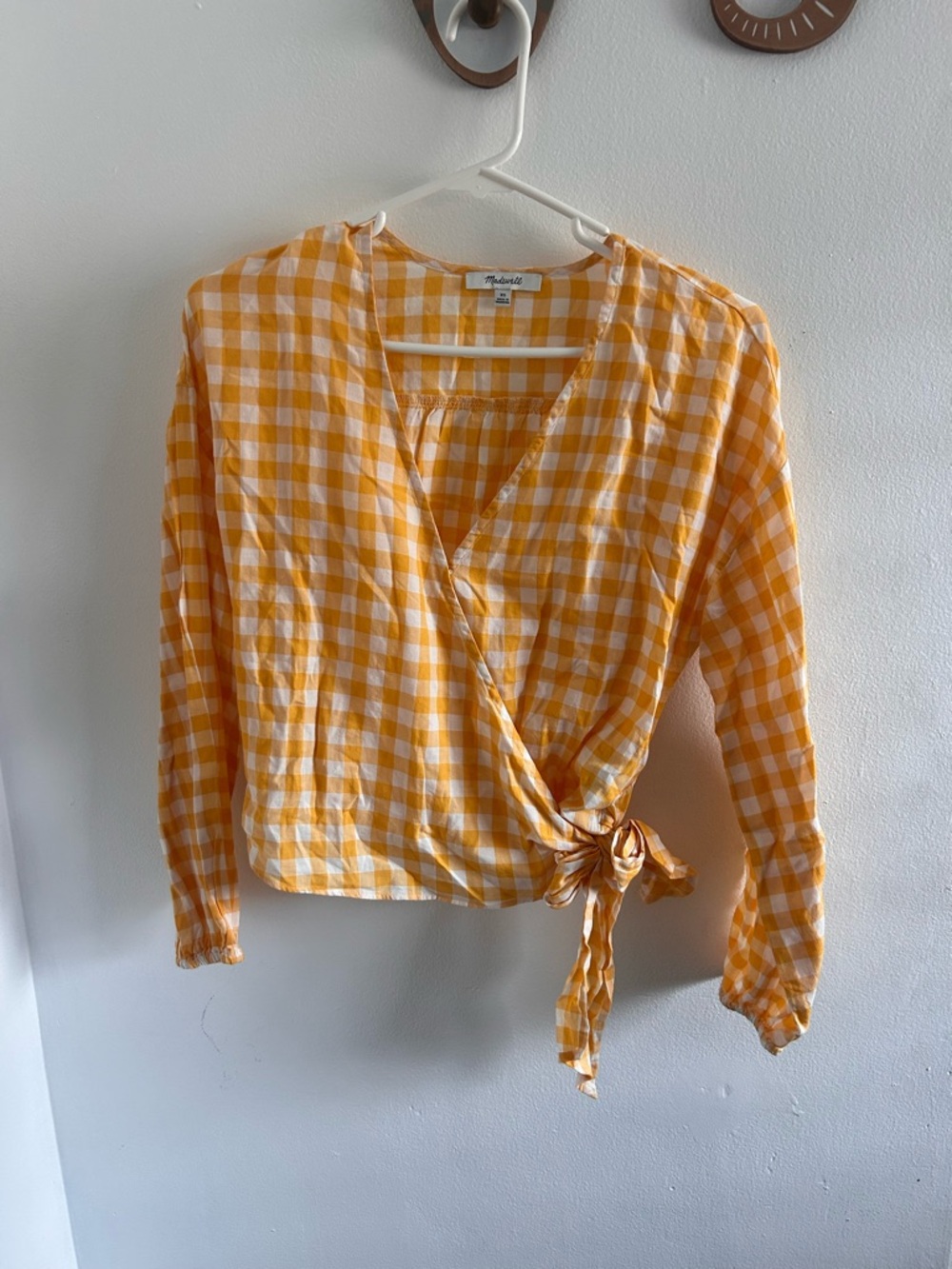 Madewell Yellow and White Gingham Wrap Blouse